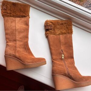 UGG Chestnut Suede Wedge Boots with Faux Fur Cuff